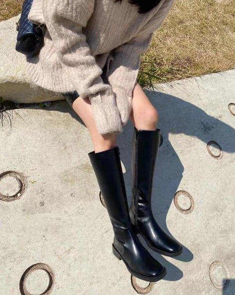 韓國皮革及膝長靴黑/咖| SHYSHY