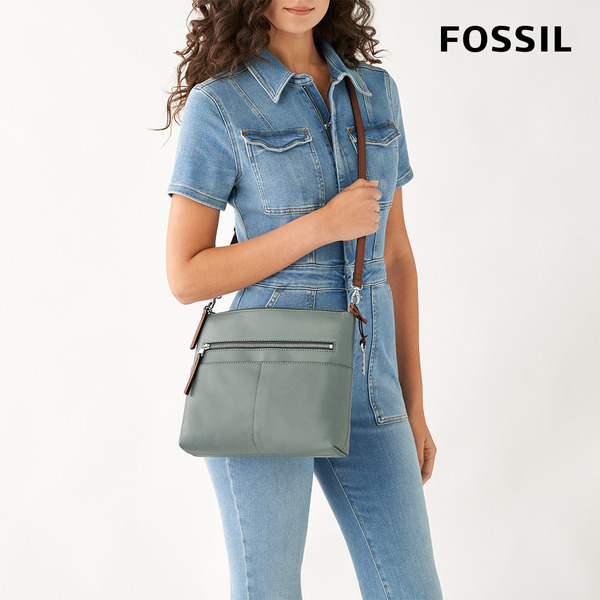 【FOSSIL】Fiona 真皮輕便休閒斜背包 大款-煙燻藍灰 ZB1759180