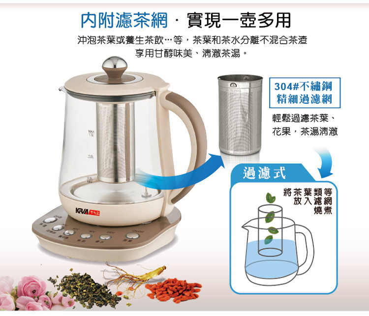 Kria 多功能烹煮養生壺 KR-A15E2 附濾茶網，茶葉與茶水不混合，享用清澈茶湯