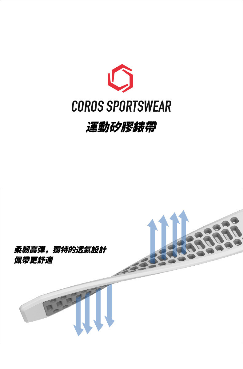 COROS PACE 2 矽膠錶帶，柔韌高彈，獨特的透氣設計，讓配戴更舒適。