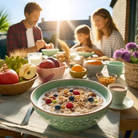 一家人享受健康的有機早餐