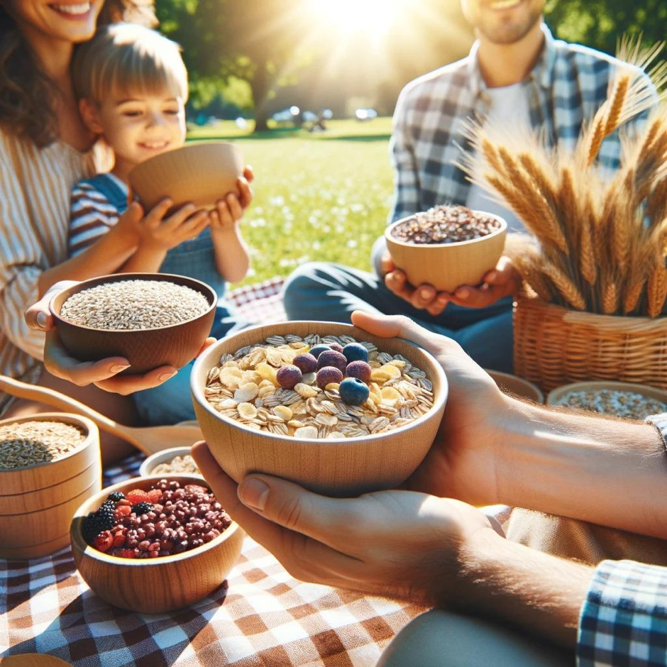 一家人享用一碗有機全穀麥片，強調在戶外享受健康食品