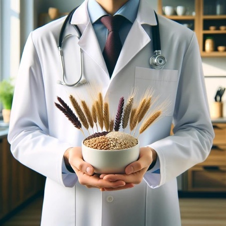 一位穿白袍的醫生拿著有機全穀麥片，象徵健康飲食習慣的醫學認可