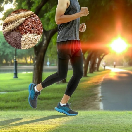 運動員在公園慢跑，享用有機全麥穀物早餐，精力充沛