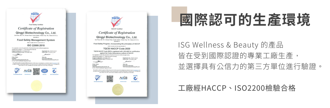 國際認可的生產環境 ISG Wellness&Beauty的產品皆在受到國際認證的專業工廠生產 並選擇有公信力的第三方單位進行驗證 工廠經HACCP、ISO2200檢驗合格