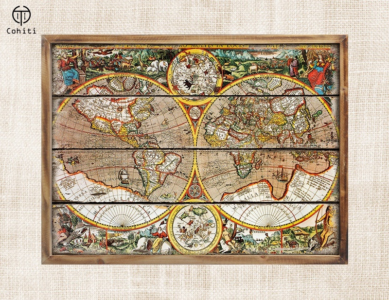 復古世界地圖木板畫
